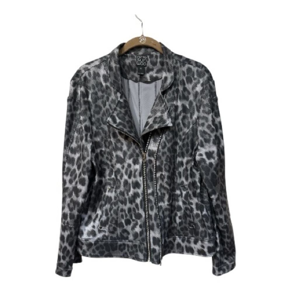 CLARA SUNWOO Gray Black Leopard Print Faux Leather Jacket
